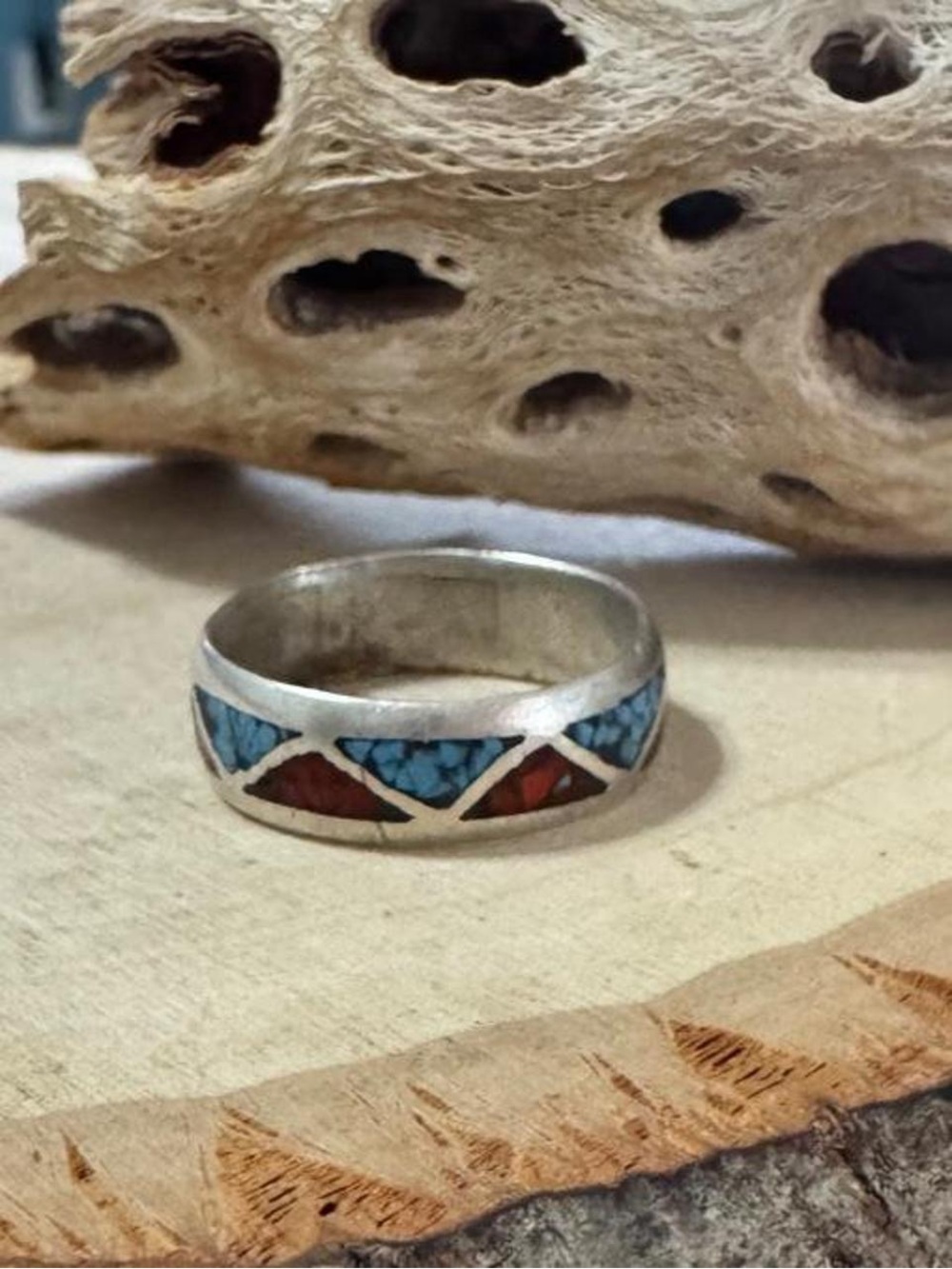Men Women Vintage Navajo Sterling Silver  Inlay Turquoise Red Coral Band Ring
